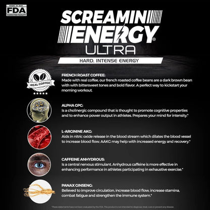 Screamin Energy Ultra, Pre-Workout Energy Shot with Caffeine, L-Arginine AKG, Alpha GPC, and Ginseng, French Roast Caramel Coffee Flavor, 24 Count