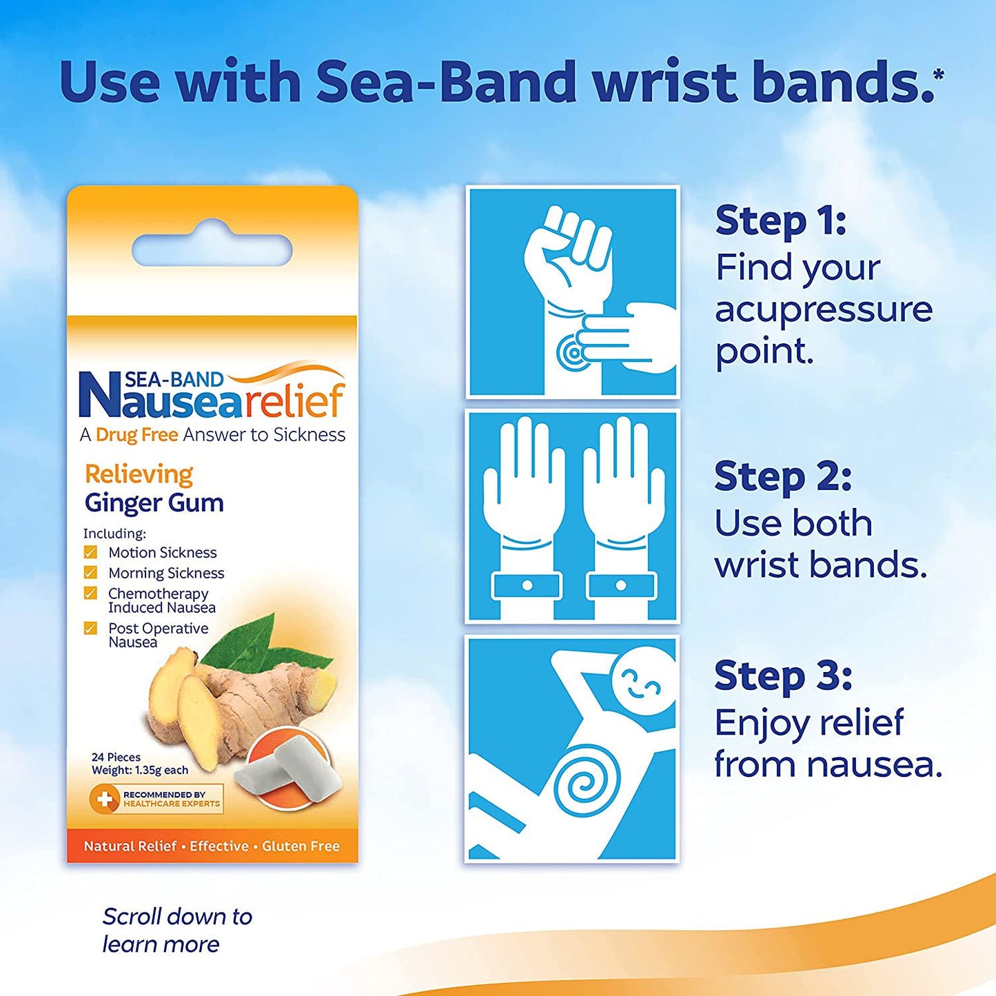 Sea-Band Anti-Nausea Ginger Gum For Motion and Morning Sickness, 24 Pieces