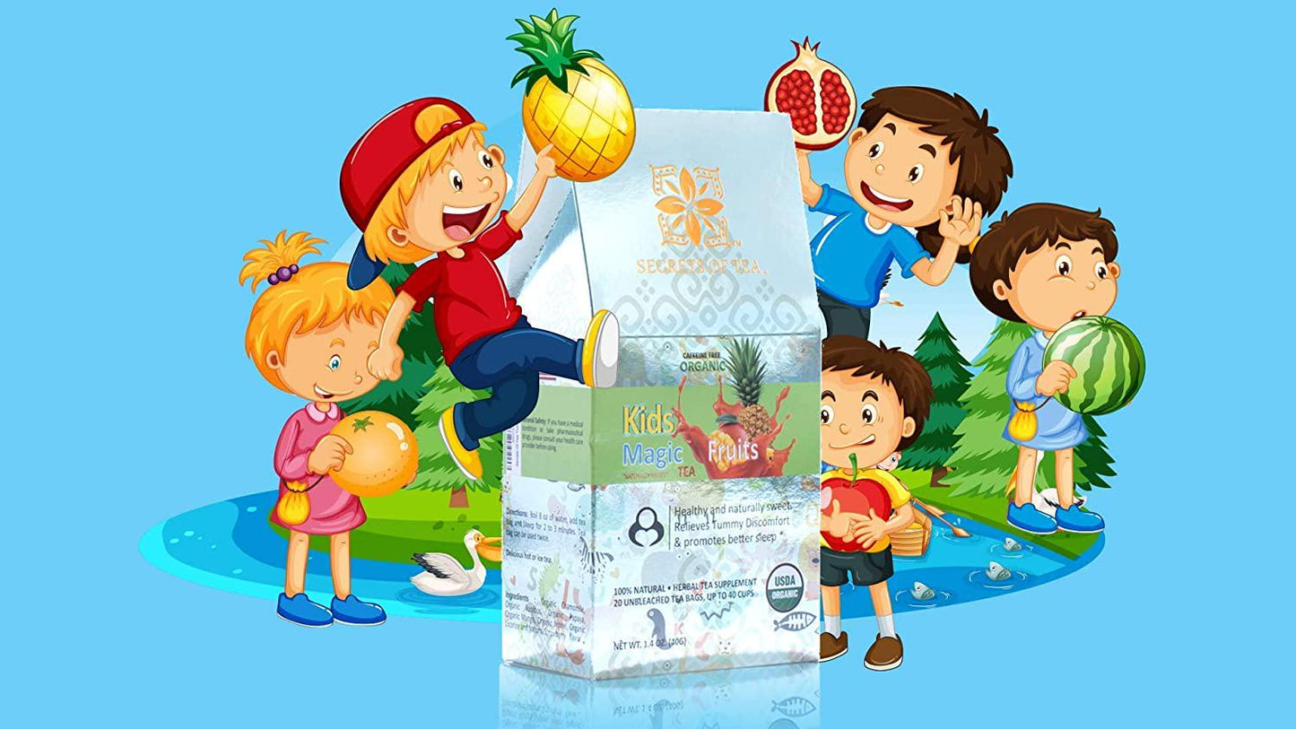 Secrets Of Tea Kids Magic Tea for kids better sleep, Better Digestion... - Natural USDA Organic Caffeine-Free Healthy Herbal Drink for Children, Toddlers - Fruits Flavor - Up to 40 Servings - 20 Count(1 Pack)