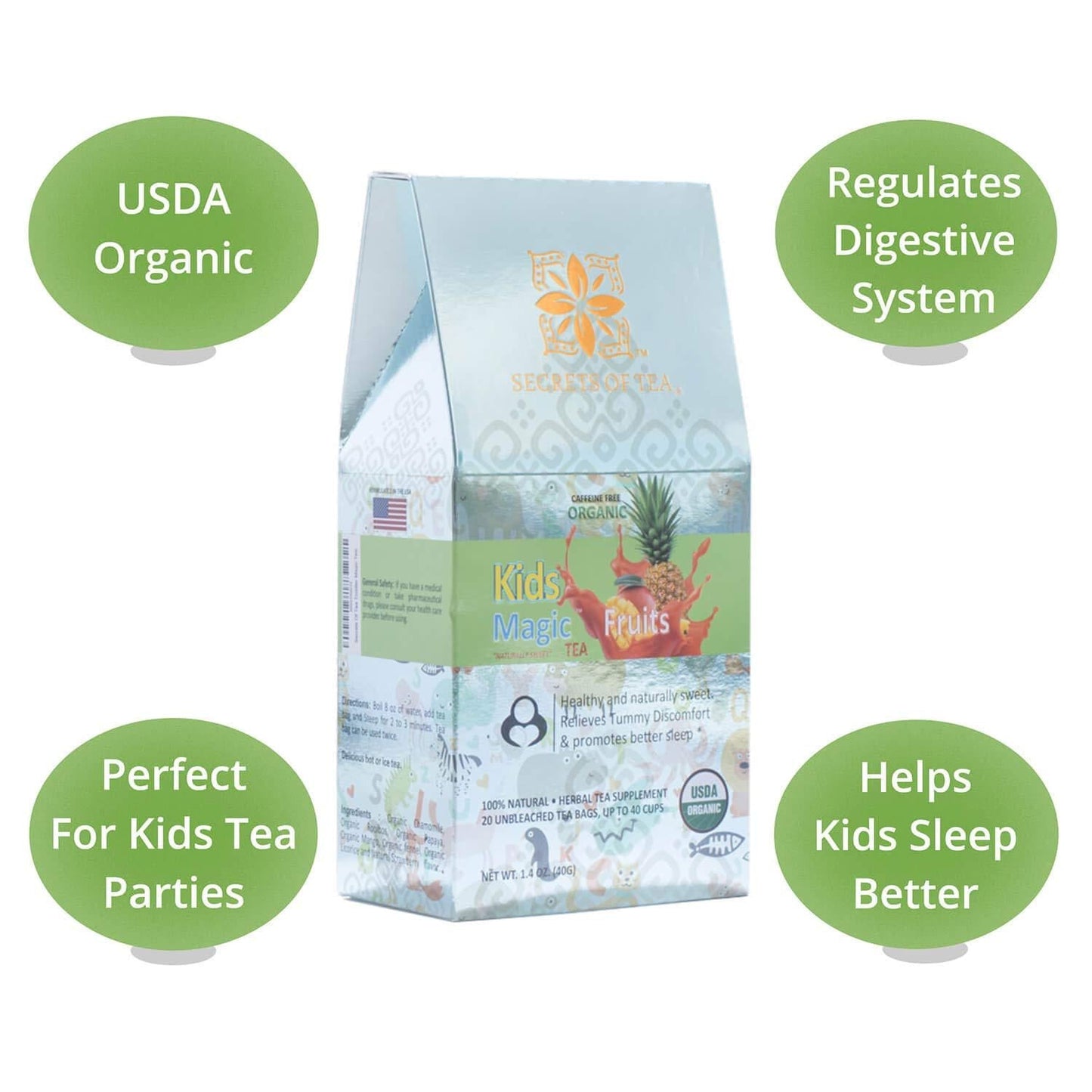 Secrets Of Tea Kids Magic Tea for kids better sleep, Better Digestion... - Natural USDA Organic Caffeine-Free Healthy Herbal Drink for Children, Toddlers - Fruits Flavor - Up to 40 Servings - 20 Count(1 Pack)