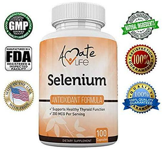Selenium Thyroid Support Supplement L-selenomethionine Vegan-Friendly Supplement Supports Thyroid, Cardiovascular Health and Immune System for Women and Men 200mcg 100 Capsules by Amate Life