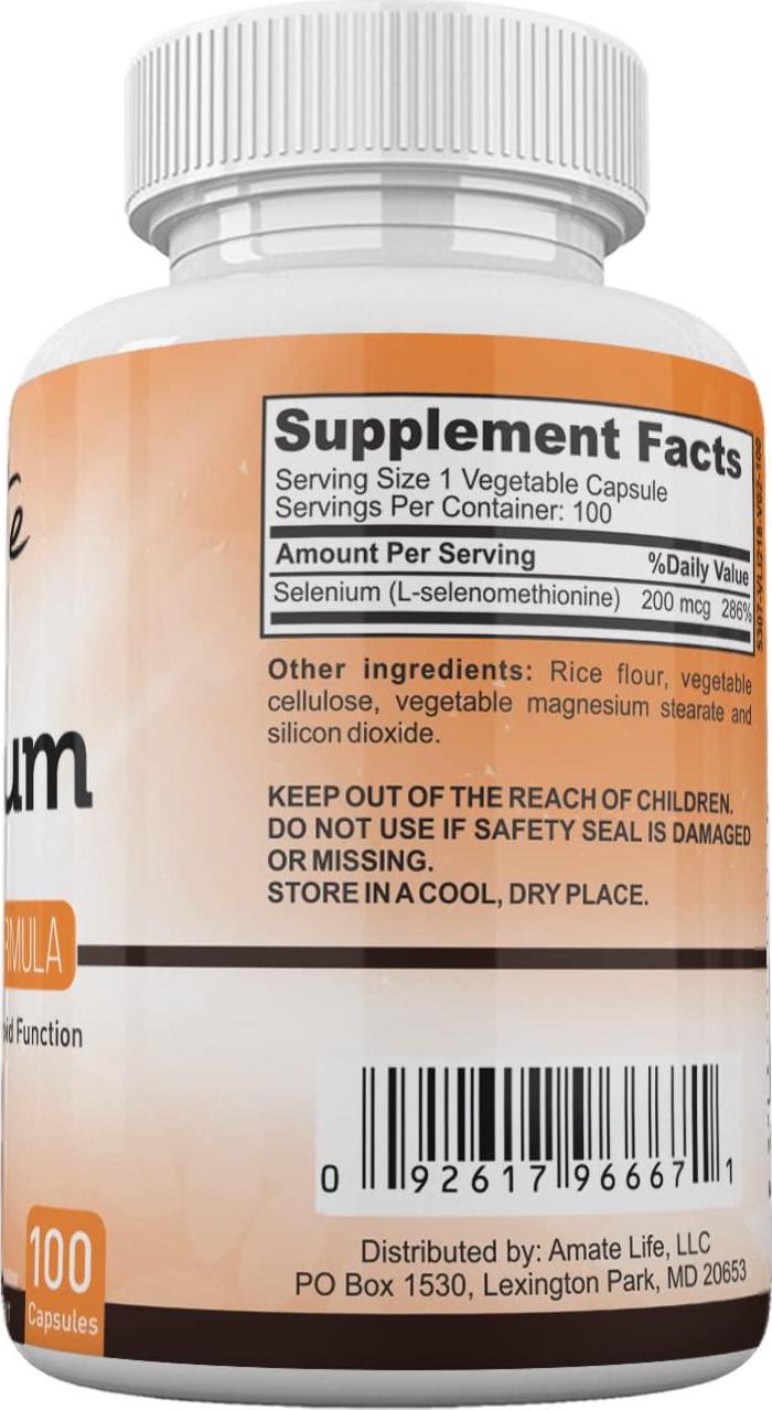 Selenium Thyroid Support Supplement L-selenomethionine Vegan-Friendly Supplement Supports Thyroid, Cardiovascular Health and Immune System for Women and Men 200mcg 100 Capsules by Amate Life