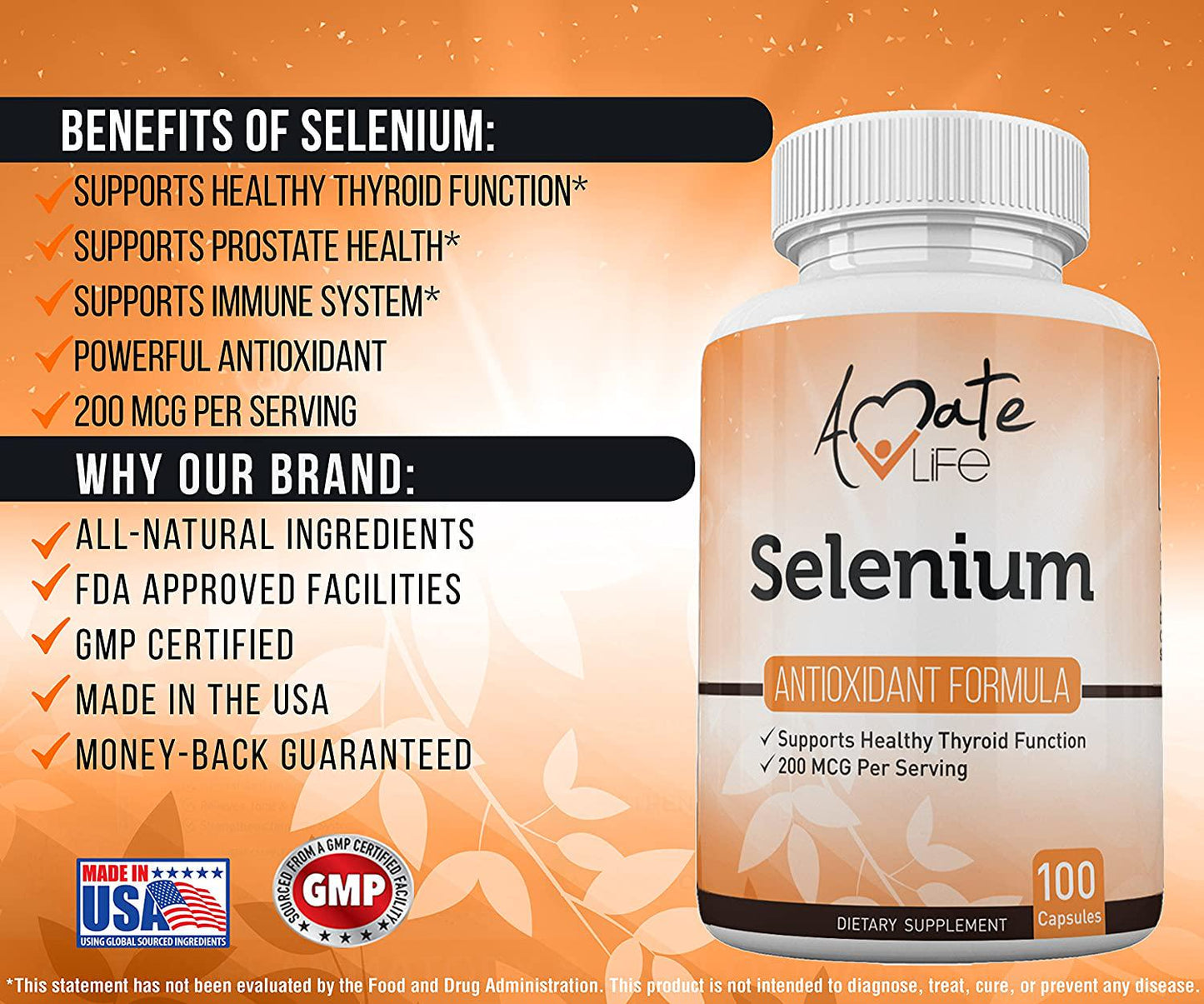 Selenium Thyroid Support Supplement L-selenomethionine Vegan-Friendly Supplement Supports Thyroid, Cardiovascular Health and Immune System for Women and Men 200mcg 100 Capsules by Amate Life