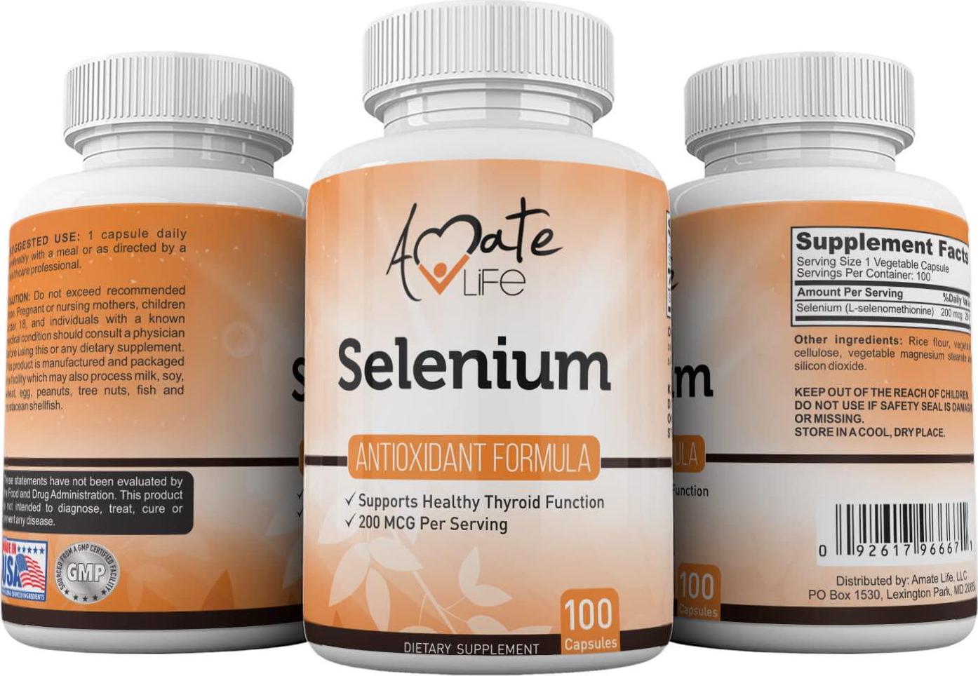 Selenium Thyroid Support Supplement L-selenomethionine Vegan-Friendly Supplement Supports Thyroid, Cardiovascular Health and Immune System for Women and Men 200mcg 100 Capsules by Amate Life