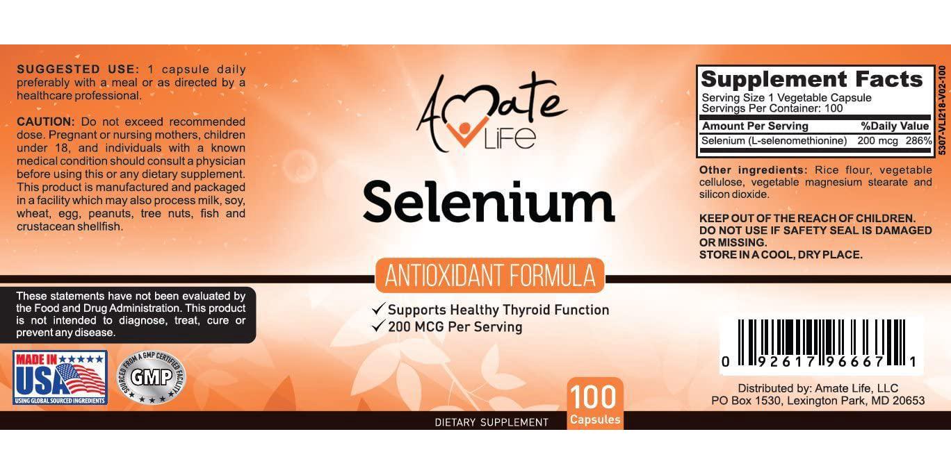 Selenium Thyroid Support Supplement L-selenomethionine Vegan-Friendly Supplement Supports Thyroid, Cardiovascular Health and Immune System for Women and Men 200mcg 100 Capsules by Amate Life