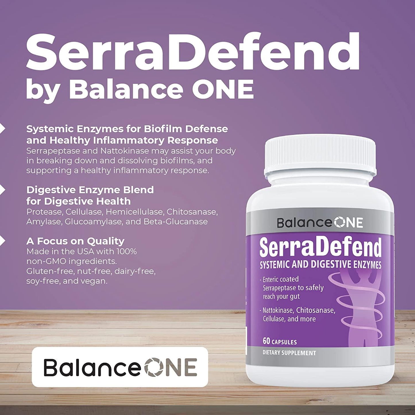 SerraDefend by Balance ONE - Biofilm Defense, Digestion Support, Reduced Inflammation - Systemic and Digestive Enzymes - Serrapeptase, Nattokinase, Protease, Cellulase - 2 Month Supply