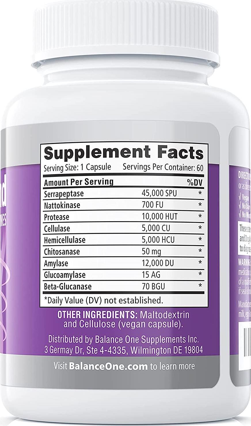 SerraDefend by Balance ONE - Biofilm Defense, Digestion Support, Reduced Inflammation - Systemic and Digestive Enzymes - Serrapeptase, Nattokinase, Protease, Cellulase - 2 Month Supply