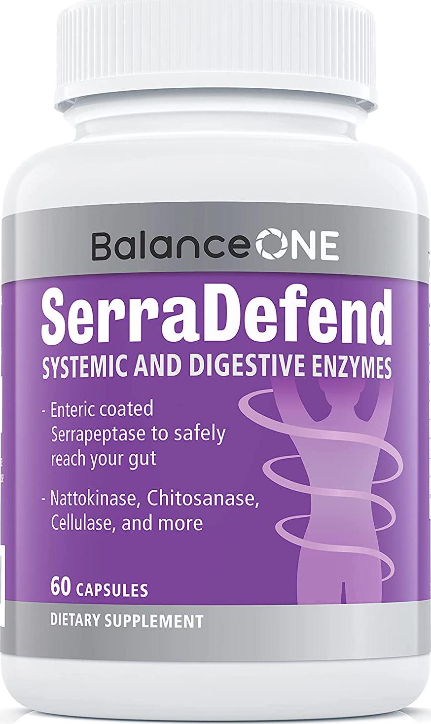 SerraDefend by Balance ONE - Biofilm Defense, Digestion Support, Reduced Inflammation - Systemic and Digestive Enzymes - Serrapeptase, Nattokinase, Protease, Cellulase - 2 Month Supply