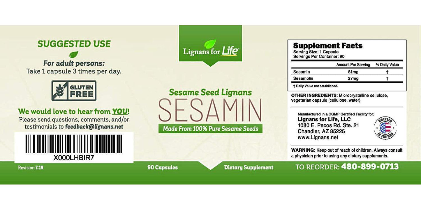 Sesamin - Sesame Seed Lignans - 90 Capsules - Dietary Supplements - Natural Health-Promoting Properties