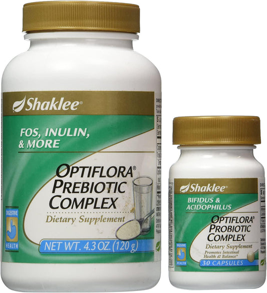 Shaklee Optiflora Prebiotic Complex (Powder) 4.3 Oz, and Shaklee Optiflora Probiotic Complex 30 Capsules (Pack of 2)