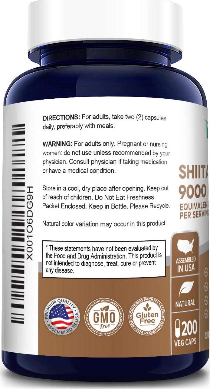 Shiitake Mushroom Extract 9000mg 200 Veggie Capsules (Non-GMO and Gluten-Free) Support for Healthy Weight and Cholesterol Levels in Already Normal Range*. Support for Healthy Immune System*