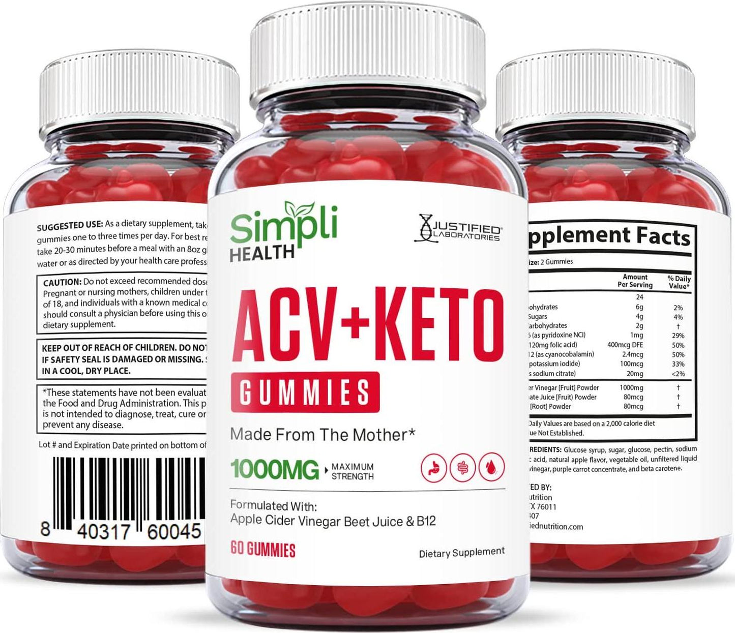 Simpli Health ACV Keto Gummies 1000MG with Pomegranate Juice Beet Root B12 60 Gummys