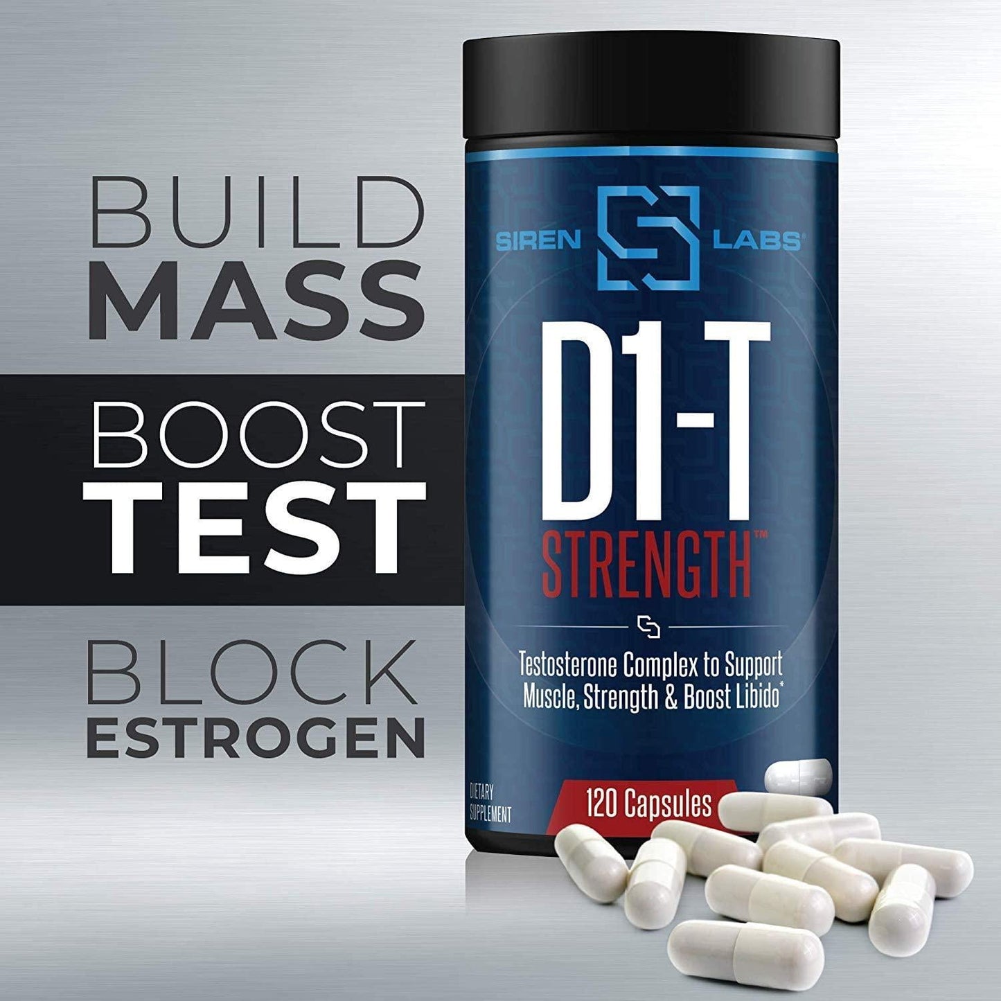 Siren Labs D1-T Strength Monster Muscle Mass-Building Testosterone Booster with D-Aspartic Acid – for a Boost and Increase in Total Testosterone Levels, Suppression of Estrogen (120 Capsules)