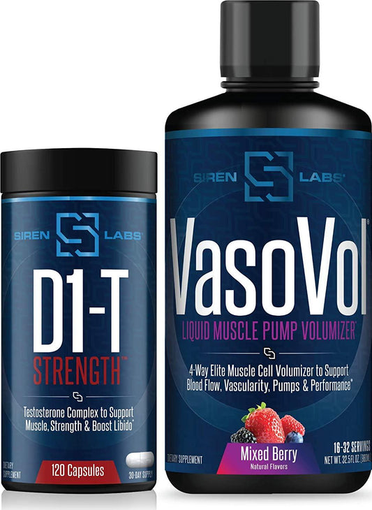 Siren Labs D1-T Strength Monster Muscle (120 Capsules) and Siren Labs Vaso-VOL Liquid Muscle Pump Volumizer (Mixed Berry)