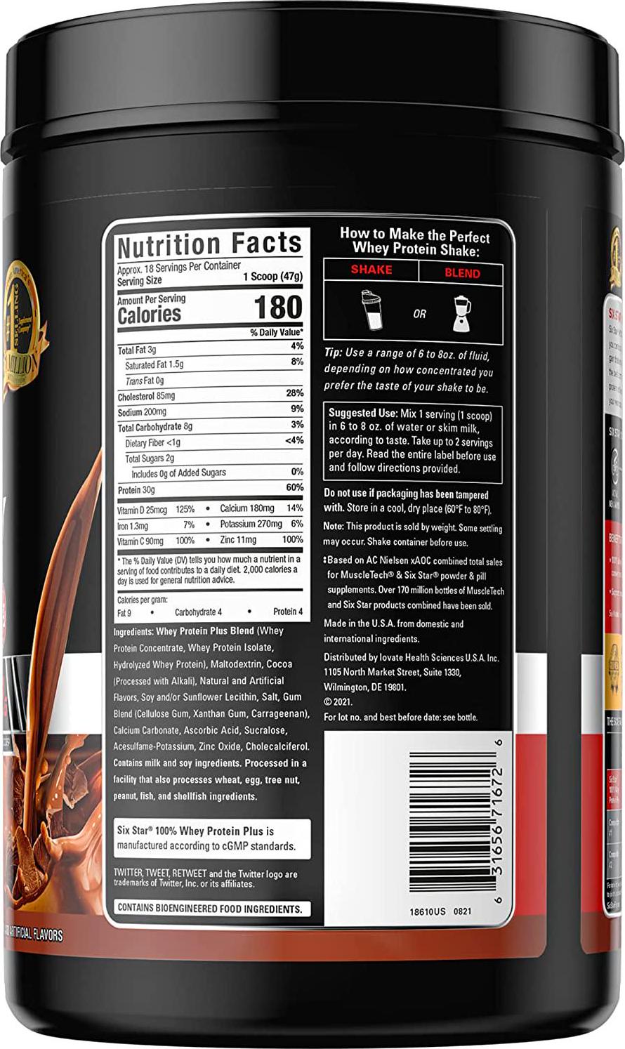 Six Star Elite Series 100% Whey Protein Plus Triple Chocolate 1.8lbs US