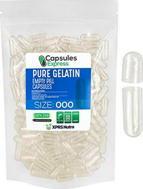 Size 000 Clear Empty Gelatin Capsules, 250 Count, Halal and Kosher Certified by Capsules Express