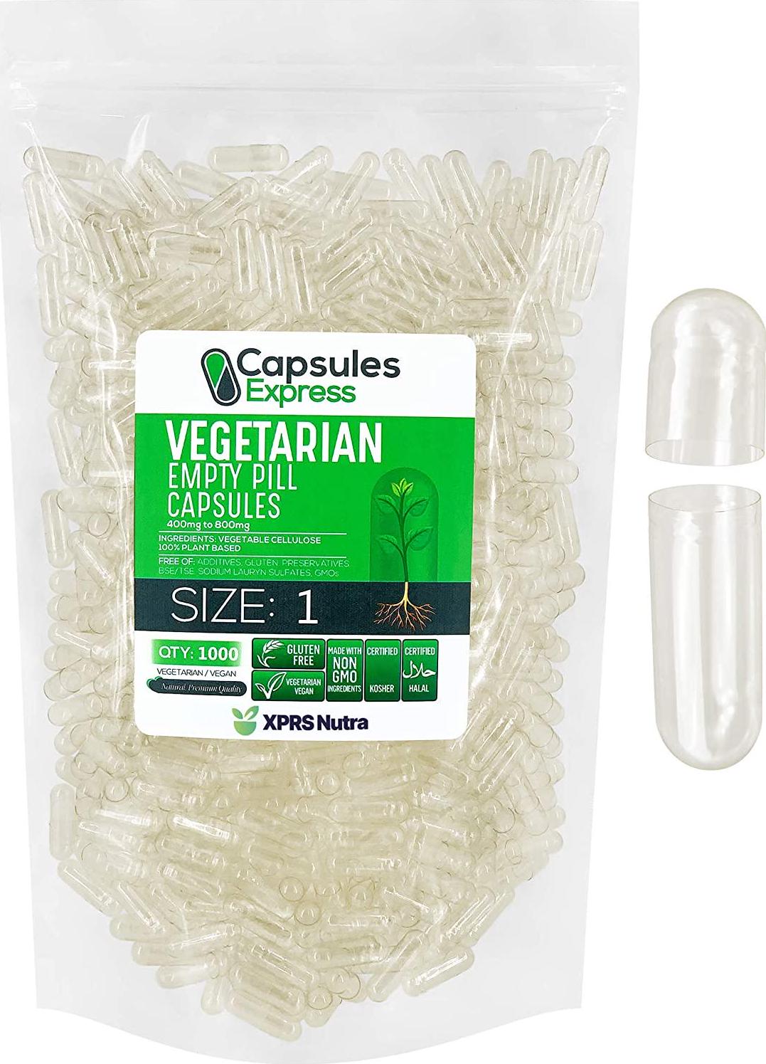 Size 1 Clear Vegetarian/Vegetable/Vegan Vcap Empty Capsules, 1000 Count by Capsules Express