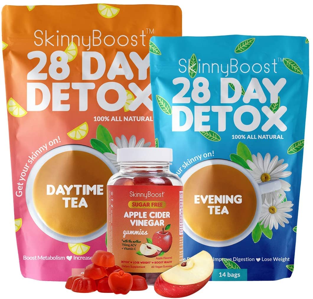 Skinny Boost Detox Power Kit-1 Daytime Tea (28 Bags)1 Evening Detox Tea (14 Bags) Plus 1 SUGAR FREE Apple Cider Vinegar Gummies (60 Vegan Gummies), Supports Detox and Cleanse-Non GMO, Vegan, All Natural
