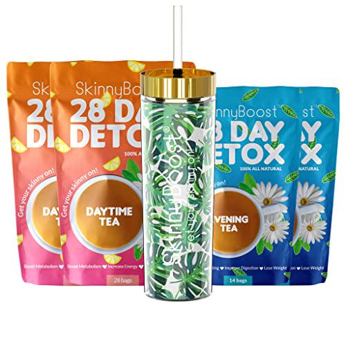 Skinny Boost Tea Kit-2 Pack with Free Palm Tumbler- 2 Daytime Teas (28 Bags/Pouch) 2 Evening Detox Teas (14 Bags/Pouch) Non GMO, Vegan, All Natural Detox and Cleanse