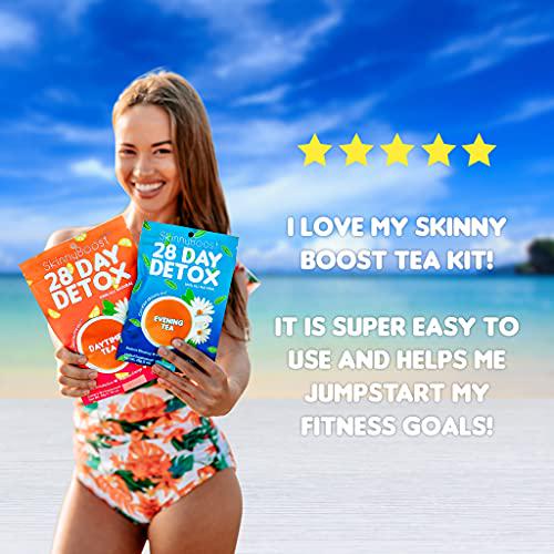 Skinny Boost Tea Kit-2 Pack with Free Palm Tumbler- 2 Daytime Teas (28 Bags/Pouch) 2 Evening Detox Teas (14 Bags/Pouch) Non GMO, Vegan, All Natural Detox and Cleanse