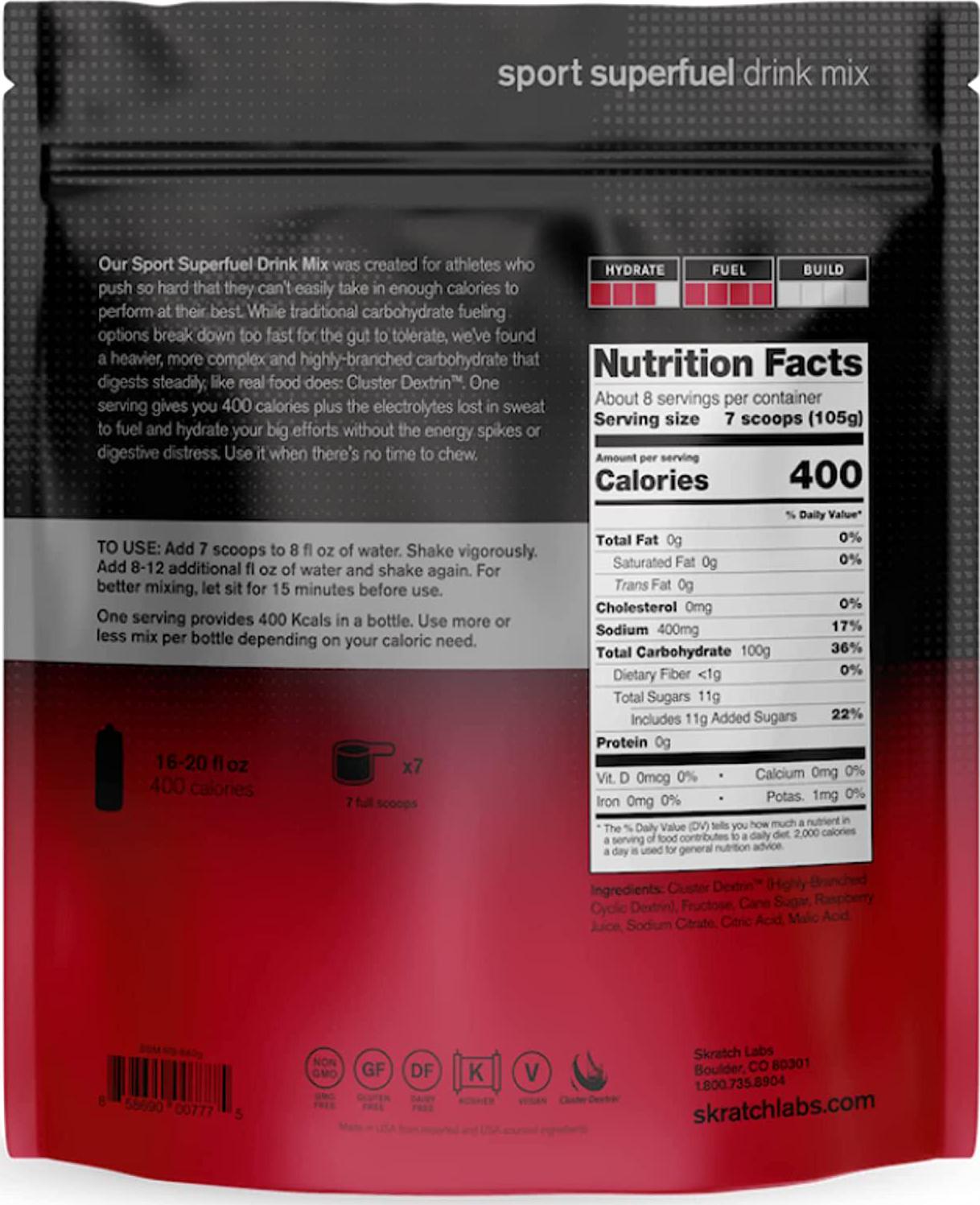 Skratch Labs Superfuel Carbohydrate Powder Drink Mix, Carbohydrate Supplement with Cluster Dextrin and Electrolytes, Endurance Energy Drink, (Raspberry, 840 Grams