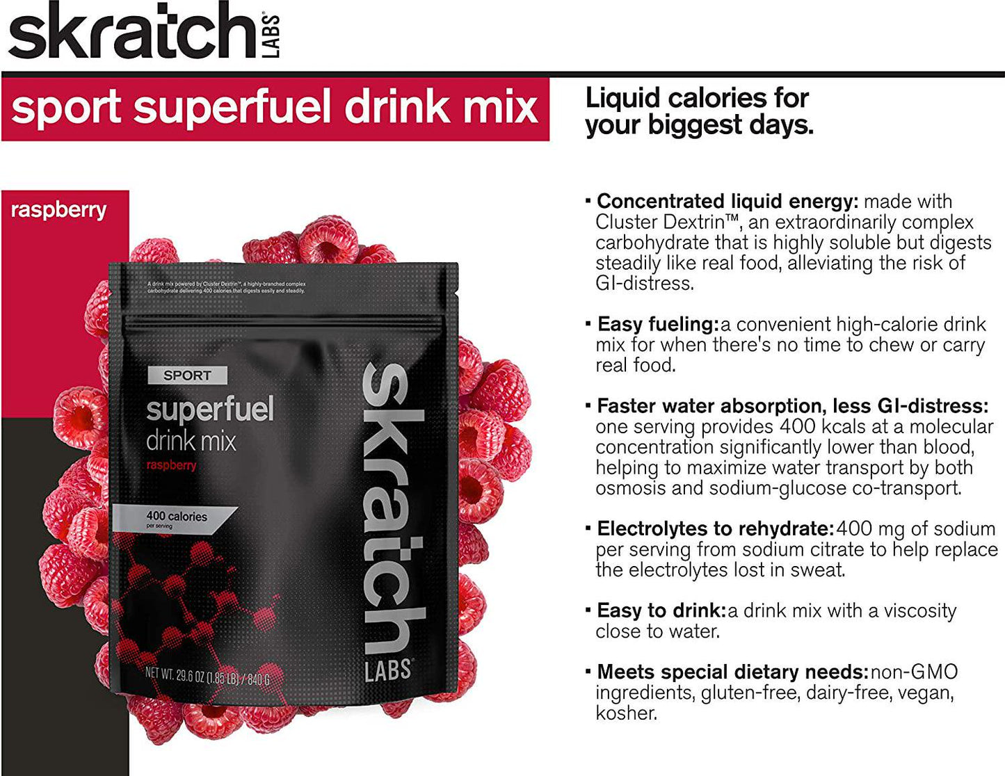 Skratch Labs Superfuel Carbohydrate Powder Drink Mix, Carbohydrate Supplement with Cluster Dextrin and Electrolytes, Endurance Energy Drink, (Raspberry, 840 Grams