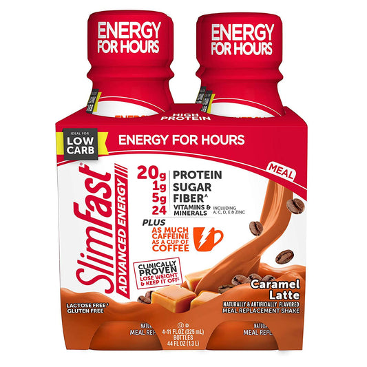 SlimFast Advanced Energy Caramel Latte Shake Ready to Drink Meal Replacement 20g Protein - 11 Fl. Oz. Bottle - 4 Count - Pantry Friendly