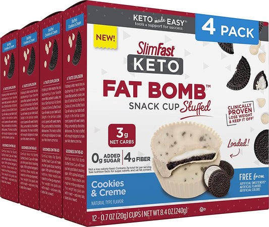 SlimFast Keto Fat Bomb Stuffed Snack Cup, Cookies and Creme, Keto Snacks for Weight Loss, Low Carb with 0g Added Sugar, 12 Count Box (Pack of 4)