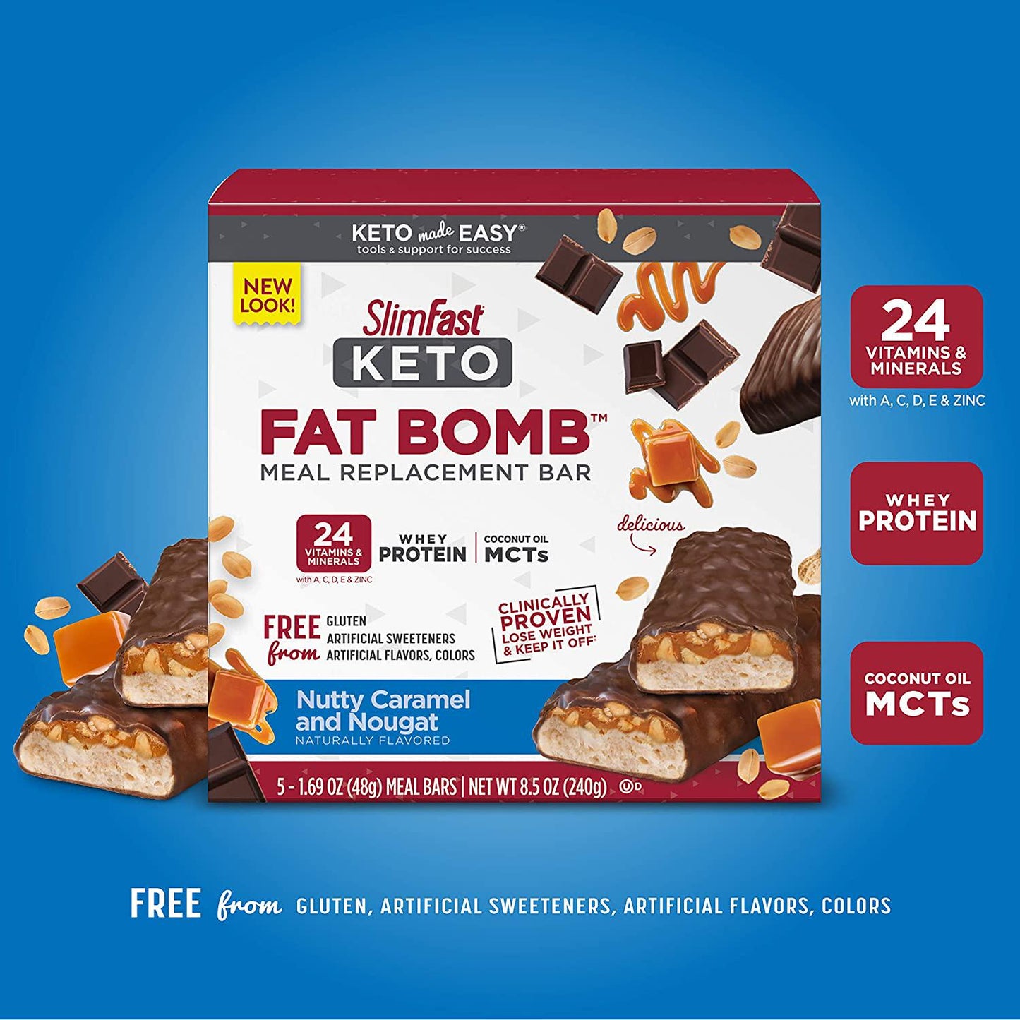 SlimFast Keto Fat Bomb Meal Replacement Whey Protein Bar, Nutty Caramel and Nougat, Low Carb with 9g Protein, 5 Count Box