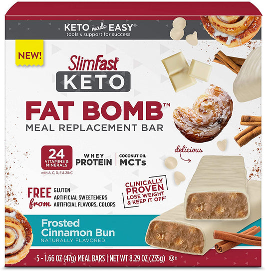 SlimFast Keto Fat Bomb Meal Replacement Bars - Frosted Cinnamon Bun - 5 Count Box - Pantry Friendly