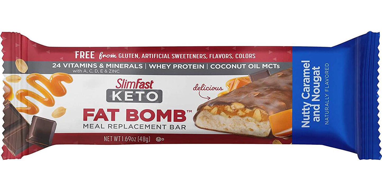 SlimFast Keto Fat Bomb Meal Replacement Whey Protein Bar, Nutty Caramel and Nougat, Low Carb with 9g Protein, 5 Count Box