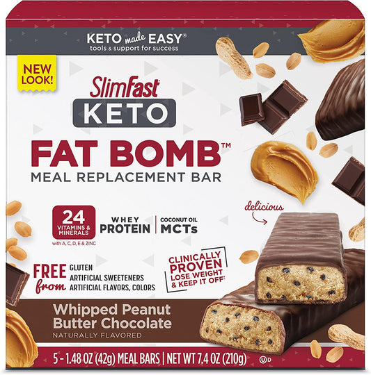 SlimFast Keto Fat Bomb Meal Replacement Whey Protein Bar, Whipped Peanut Butter Chocolate, Low Carb with 7g Protein, 5 Count (Pack of 1)