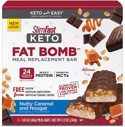 SlimFast Keto Fat Bomb Meal Replacement Whey Protein Bar, Nutty Caramel and Nougat, Low Carb with 9g Protein, 5 Count Box