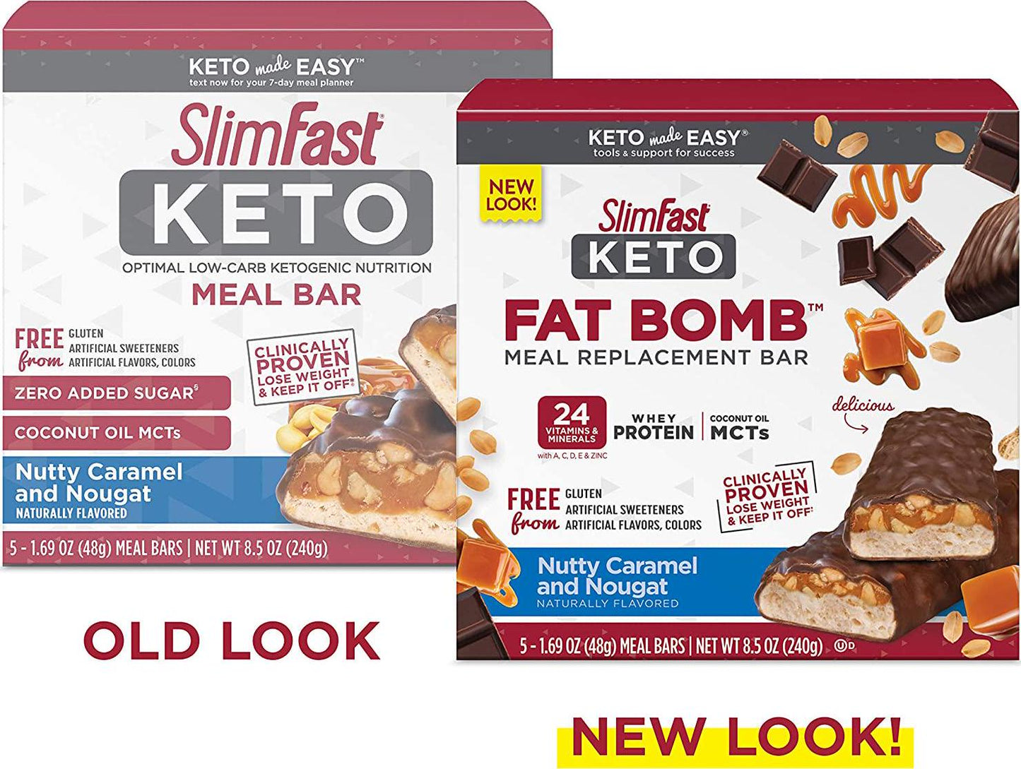 SlimFast Keto Fat Bomb Meal Replacement Whey Protein Bar, Nutty Caramel and Nougat, Low Carb with 9g Protein, 5 Count Box