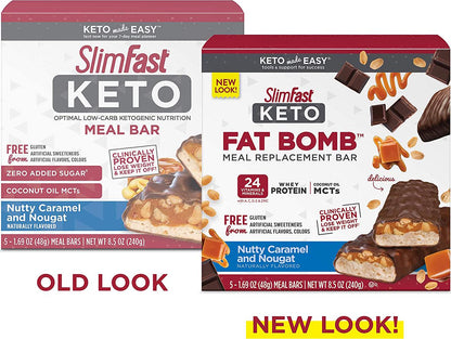 SlimFast Keto Fat Bomb Meal Replacement Whey Protein Bar, Nutty Caramel and Nougat, Low Carb with 9g Protein, 5 Count Box