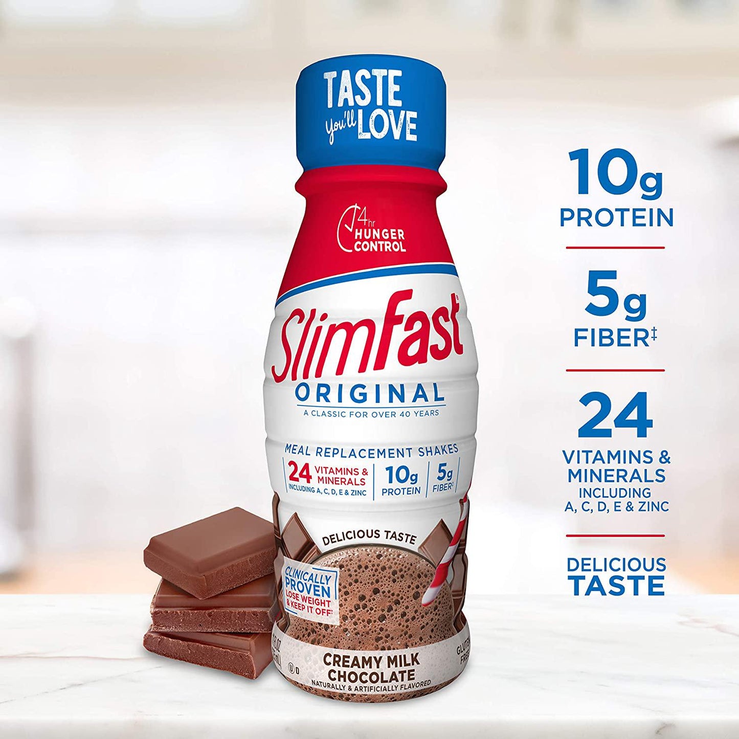 SlimFast Original - Weight Loss Meal Replacement RTD Shakes - With 10g Of Protein and 5g Of Fiber - Plus 24 Vitamins and Minerals per serving - Creamy Milk Chocolate, 4 Count