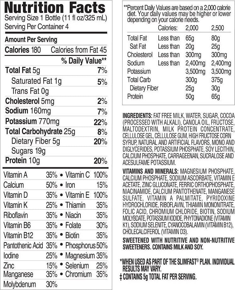 SlimFast Original - Weight Loss Meal Replacement RTD Shakes - With 10g Of Protein and 5g Of Fiber - Plus 24 Vitamins and Minerals per serving - Creamy Milk Chocolate, 4 Count