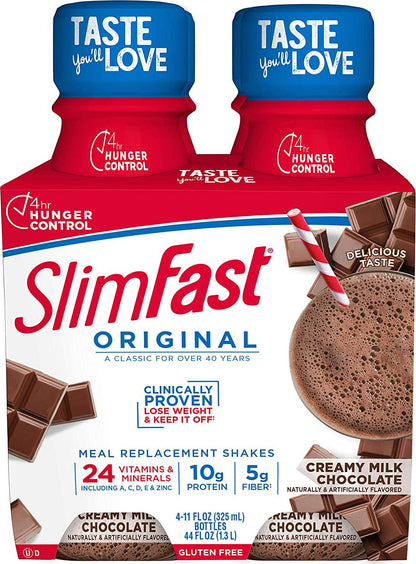 SlimFast Original - Weight Loss Meal Replacement RTD Shakes - With 10g Of Protein and 5g Of Fiber - Plus 24 Vitamins and Minerals per serving - Creamy Milk Chocolate, 4 Count