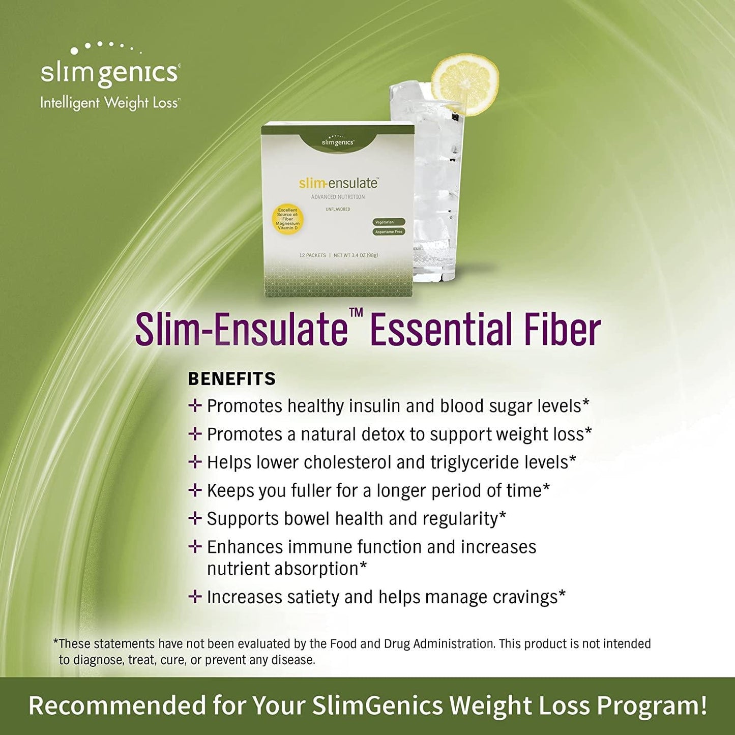 SlimGenics Slim-Ensulate | Essential Soluble Fiber Supplement - Prebiotic Powder Supports Bowel Health and Immune Function Inulin Fiber with Key Vitamins to Enhance Weight Loss (30 Count)