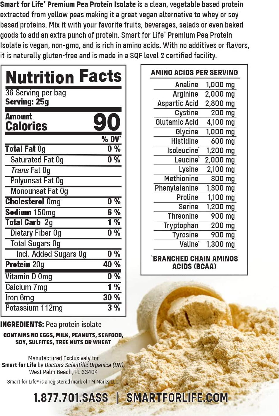 Smart for Life Pea Protein Powder Meal Replacement Shake - 2 Pounds - Organic Vegan BCAA's Loaded Plant Protein Powder - Keto Friendly and Vegetarian Plant Based Protein Powder - Easy to Digest