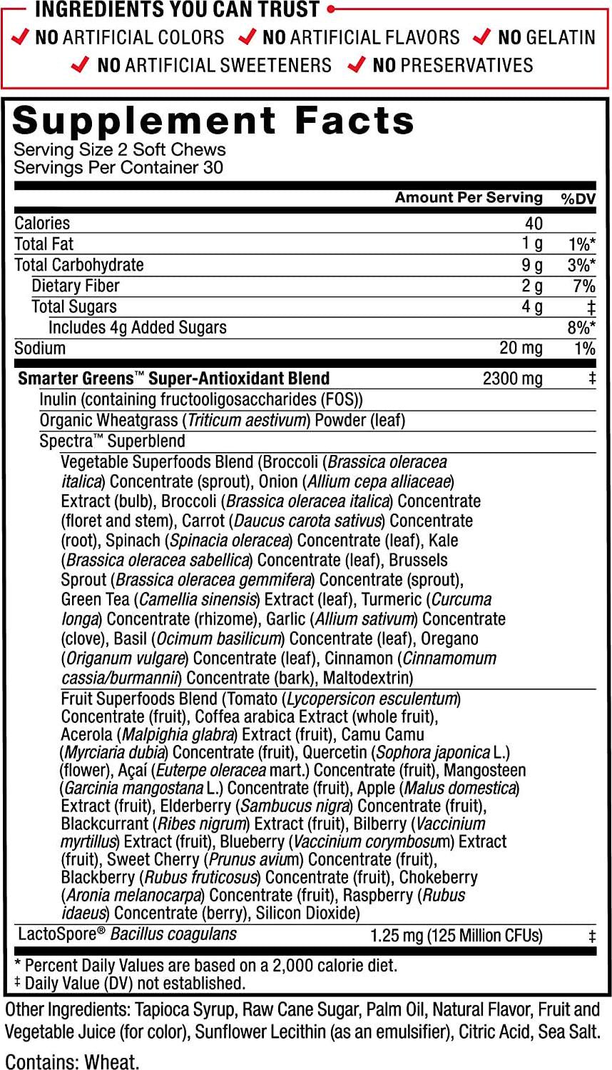 Smarter Greens Superfood Chews, Greens and Superfoods with Probiotics, Antioxidants, and Fiber, Greens Supplement to Support Digestion, Nitric Oxide, and Energy, Force Factor, 60 Soft Chews