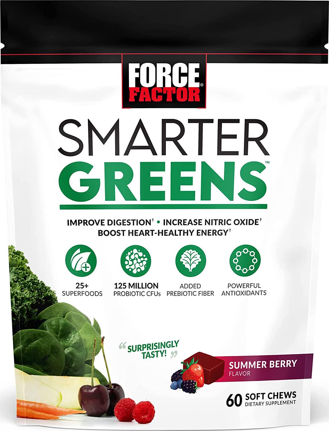 Smarter Greens Superfood Chews, Greens and Superfoods with Probiotics, Antioxidants, and Fiber, Greens Supplement to Support Digestion, Nitric Oxide, and Energy, Force Factor, 60 Soft Chews