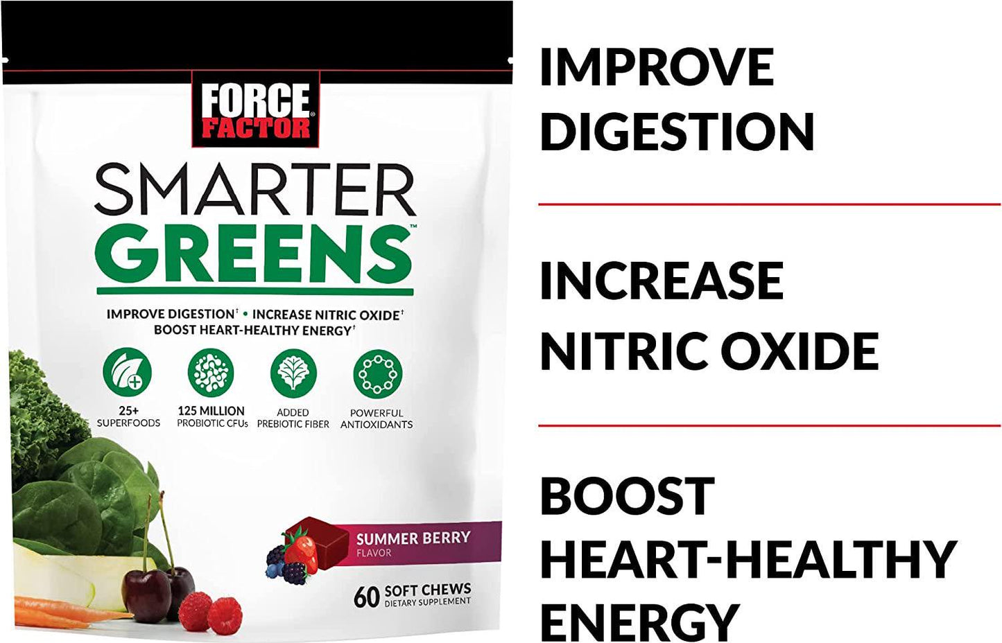 Smarter Greens Superfood Chews, Greens and Superfoods with Probiotics, Antioxidants, and Fiber, Greens Supplement to Support Digestion, Nitric Oxide, and Energy, Force Factor, 60 Soft Chews