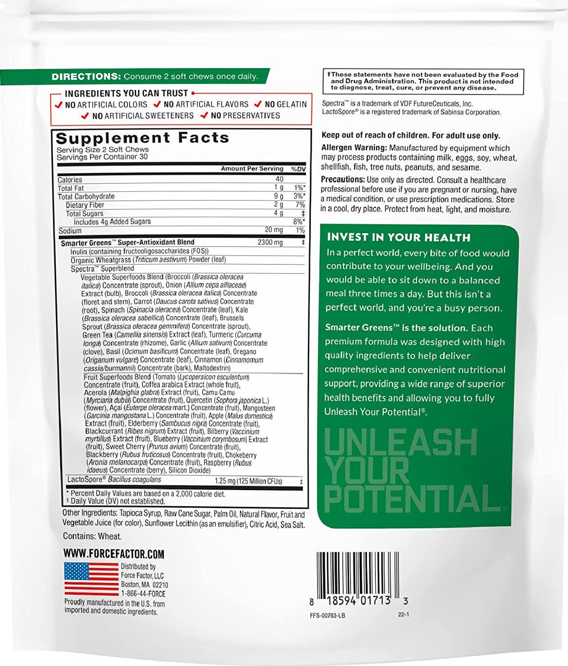 Smarter Greens Superfood Chews, Greens and Superfoods with Probiotics, Antioxidants, and Fiber, Greens Supplement to Support Digestion, Nitric Oxide, and Energy, Force Factor, 60 Soft Chews