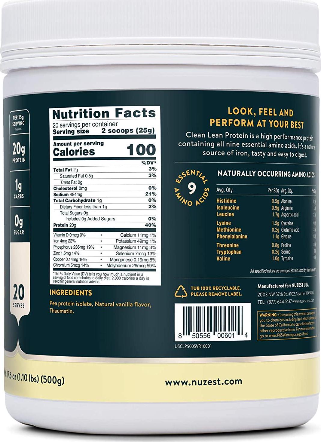Smooth Vanilla Clean Lean Protein Nuzest - Premium Vegan Protein Powder, Plant Based Protein Powder, Vanilla Protein Powder, Dairy Free, Gluten Free, GMO Free, Naturally Sweetened Protein Shake, 20 Servings, 1.1 lb