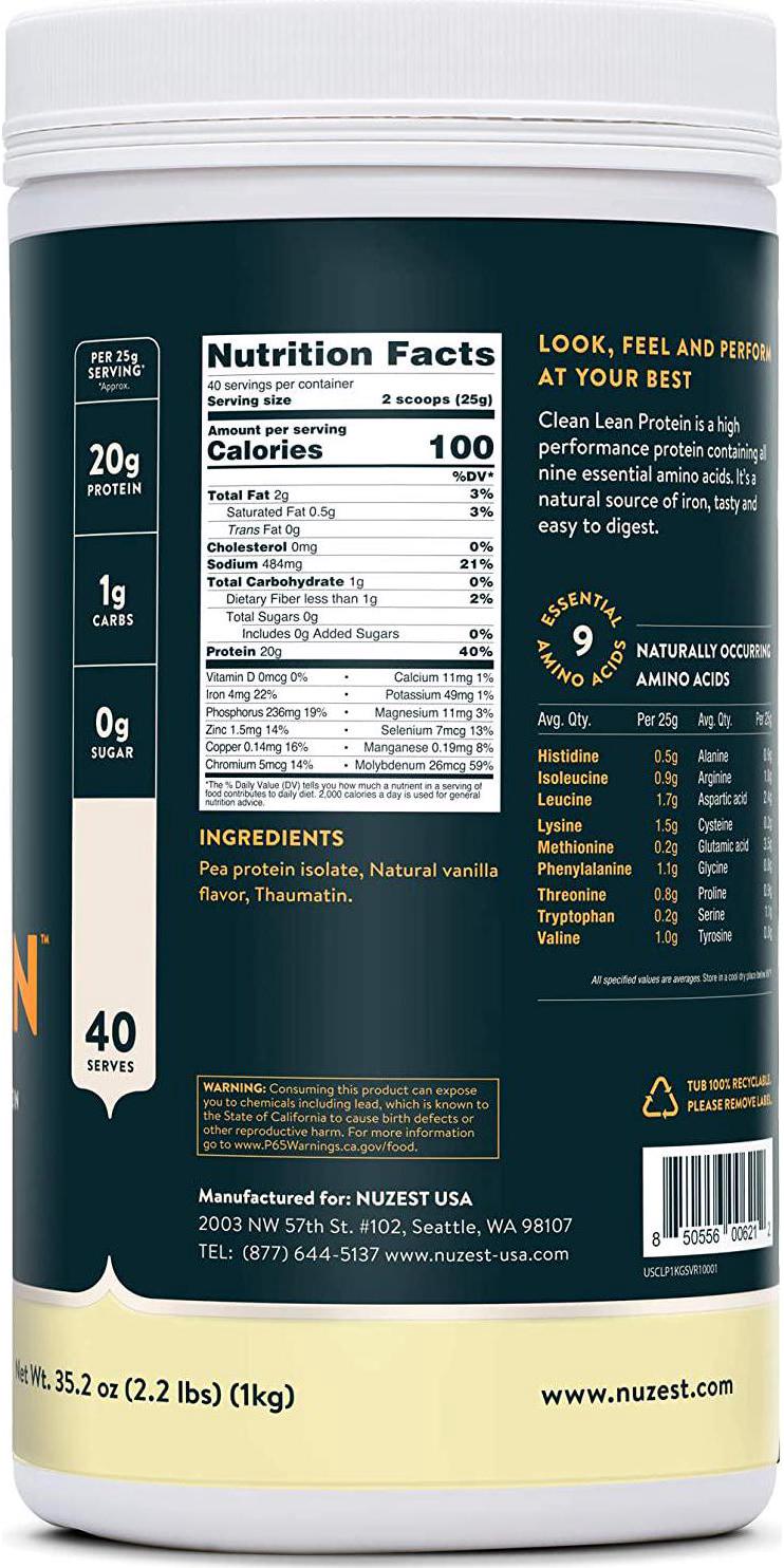 Smooth Vanilla Clean Lean Protein by Nuzest - Premium Vegan Protein Powder, Plant Based Protein Powder, Dairy Free, Gluten Free, GMO Free, Naturally Sweetened, 40 Servings, 2.2 lb