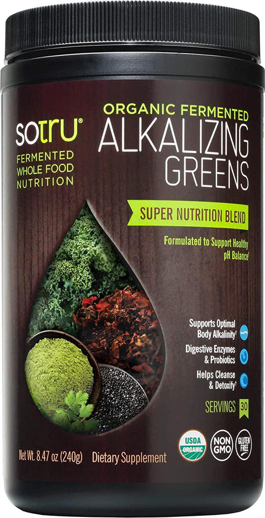 SoTru Alkalizing Greens - 8.47 oz. - Fermented Superfood Blend with Digestive Enzymes, Probiotics and Prebiotic Fiber - USDA Certified Organic, Non-GMO, Vegan, Gluten-Free - 30 Servings