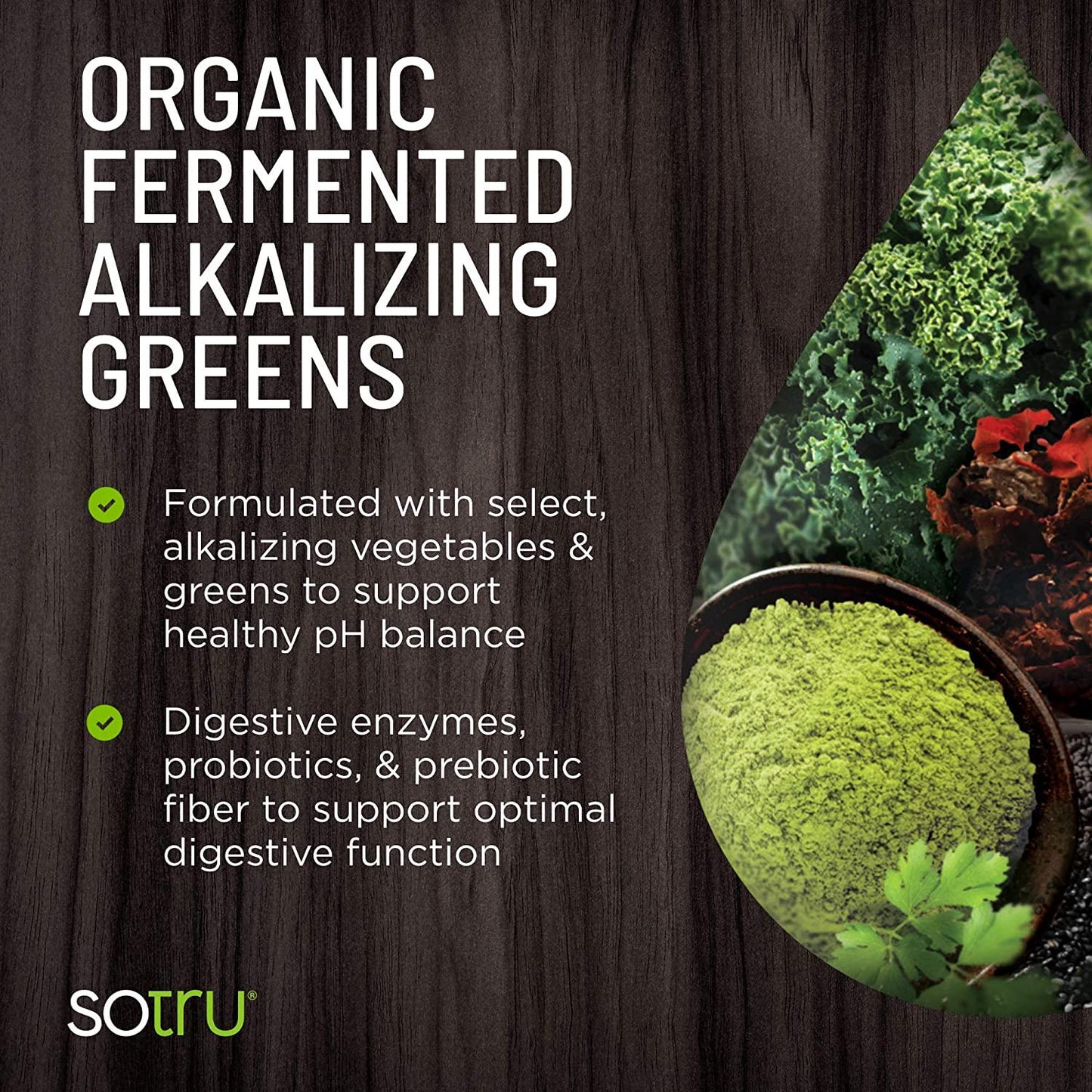 SoTru Alkalizing Greens - 8.47 oz. - Fermented Superfood Blend with Digestive Enzymes, Probiotics and Prebiotic Fiber - USDA Certified Organic, Non-GMO, Vegan, Gluten-Free - 30 Servings