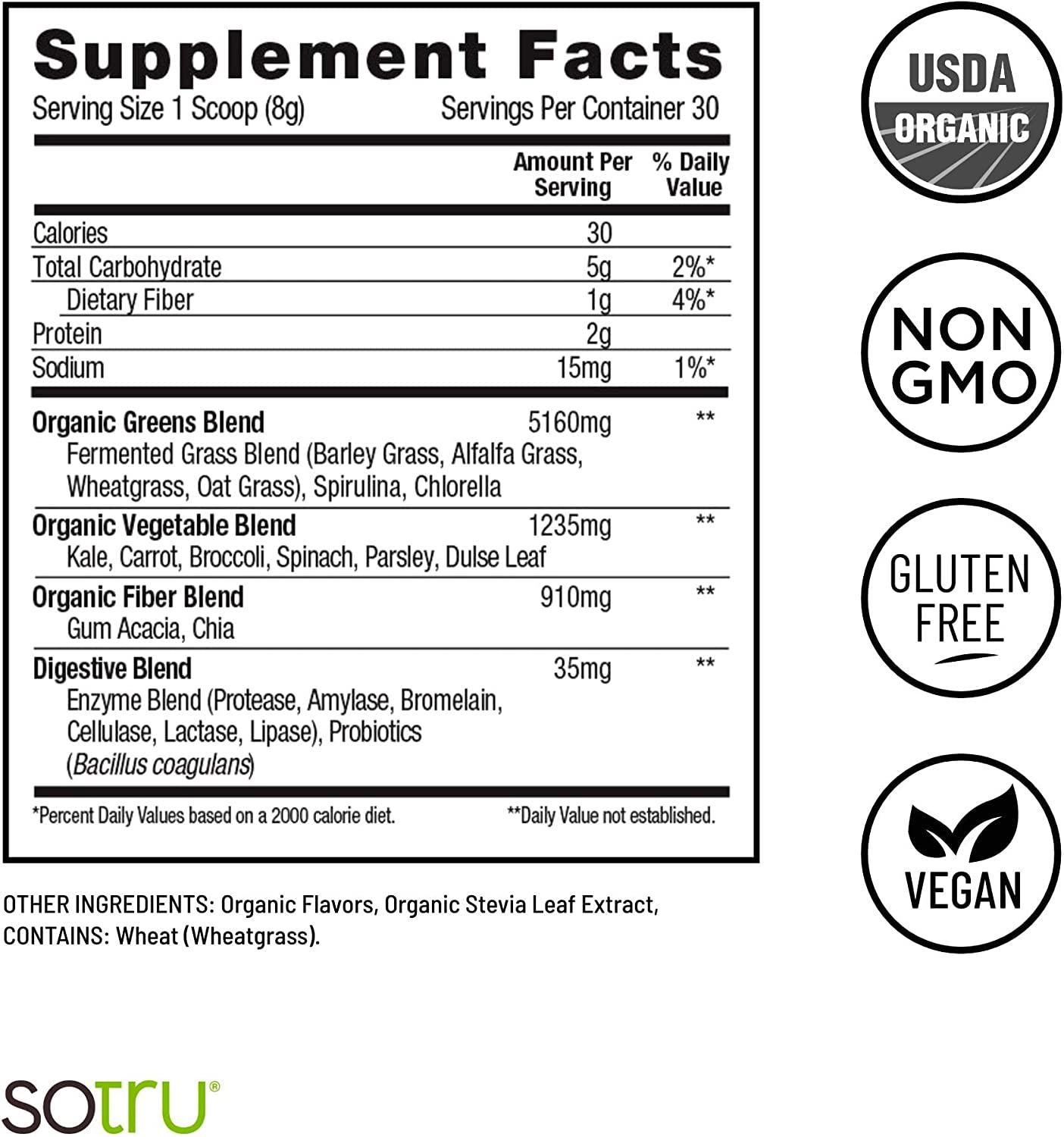 SoTru Alkalizing Greens - 8.47 oz. - Fermented Superfood Blend with Digestive Enzymes, Probiotics and Prebiotic Fiber - USDA Certified Organic, Non-GMO, Vegan, Gluten-Free - 30 Servings