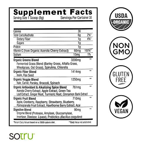 SoTru Fruitful Greens, Fruit Flavored - 8.47 oz. - Antioxidant - Fermented Superfood Blend with Digestive Enzymes and Prebiotic Fiber - USDA Certified Organic, Non-GMO, Vegan, Gluten-Free - 21 Servings
